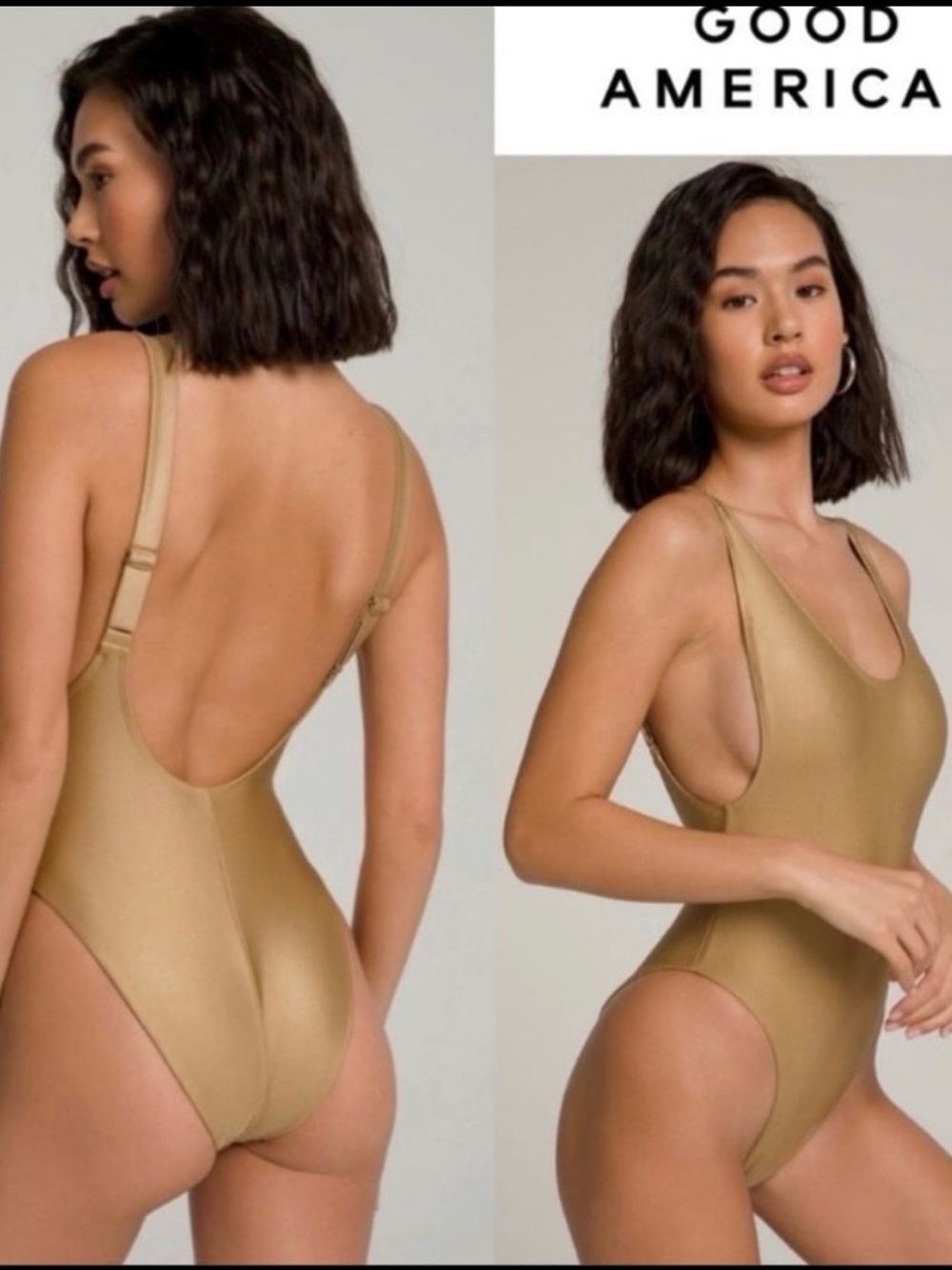 Good American High Cut Deep Back One-Piece Swimsuit / Bodysuit - Gold Bronze